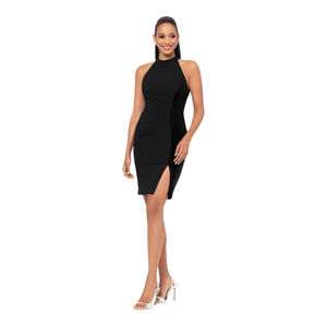 BETSY & ADAM Mariana Short Halter Crepe & Velvet Slit Cocktail Dress Black 6
